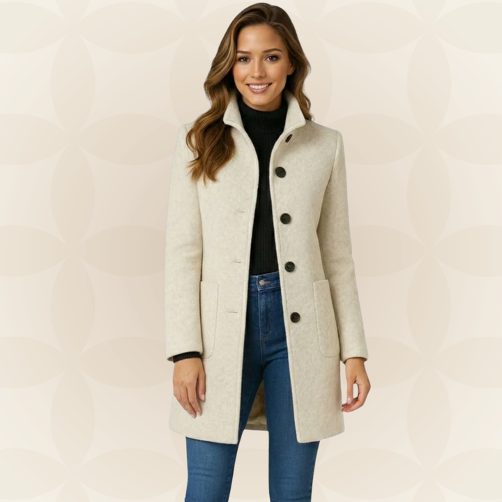 Women's high collar button-front fall coat in light brown