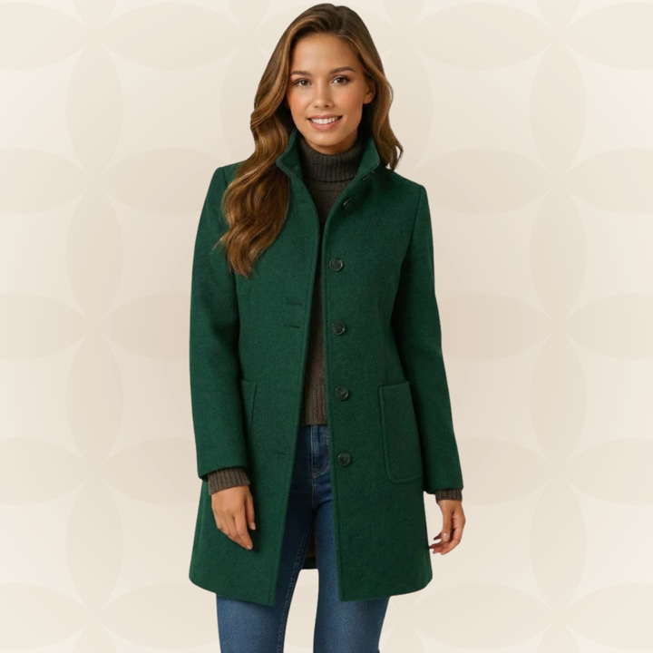 Women's high collar button-front fall coat in dark green