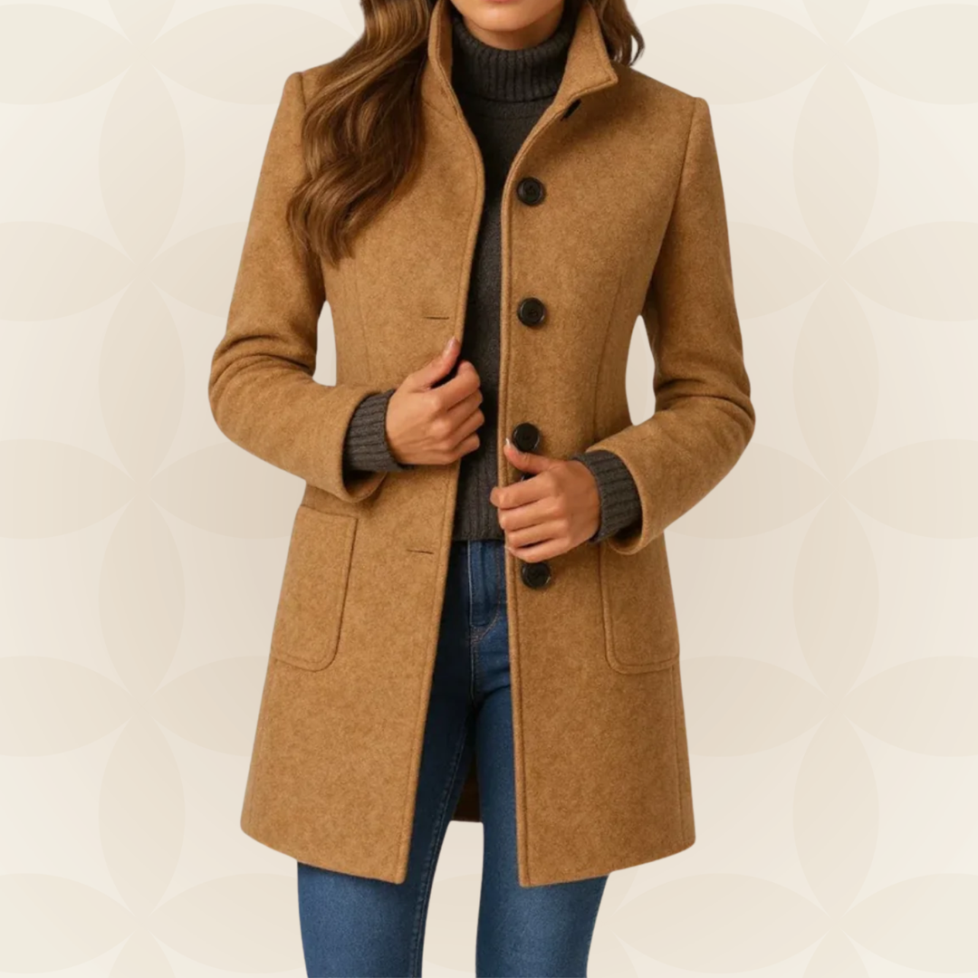 Women's high collar button-front fall coat in khaki