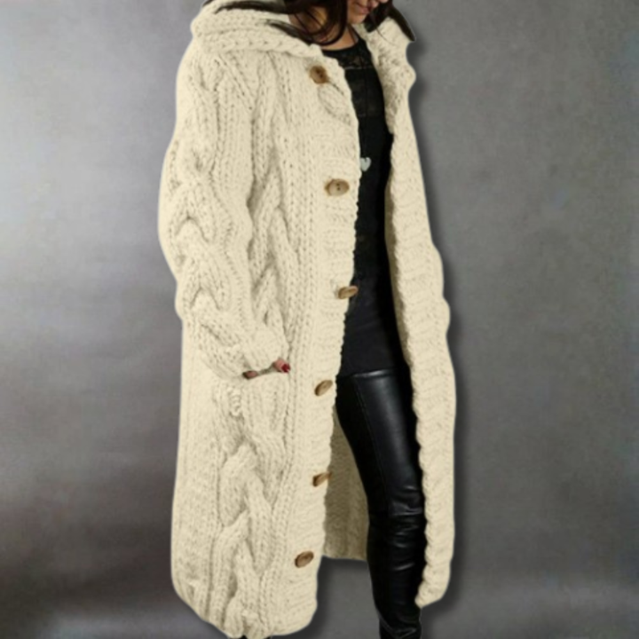 Women's Hooded Cable Knit Longline Coat - Beige
