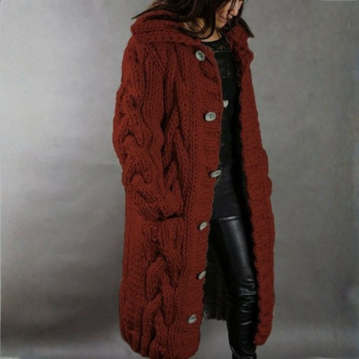 Women's Hooded Cable Knit Longline Coat - Red