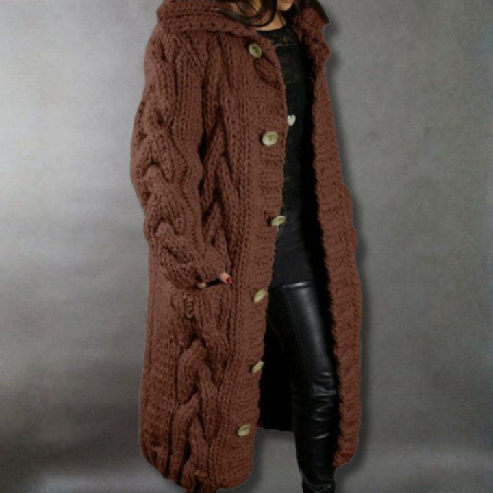 Women's Hooded Cable Knit Longline Coat - Brown