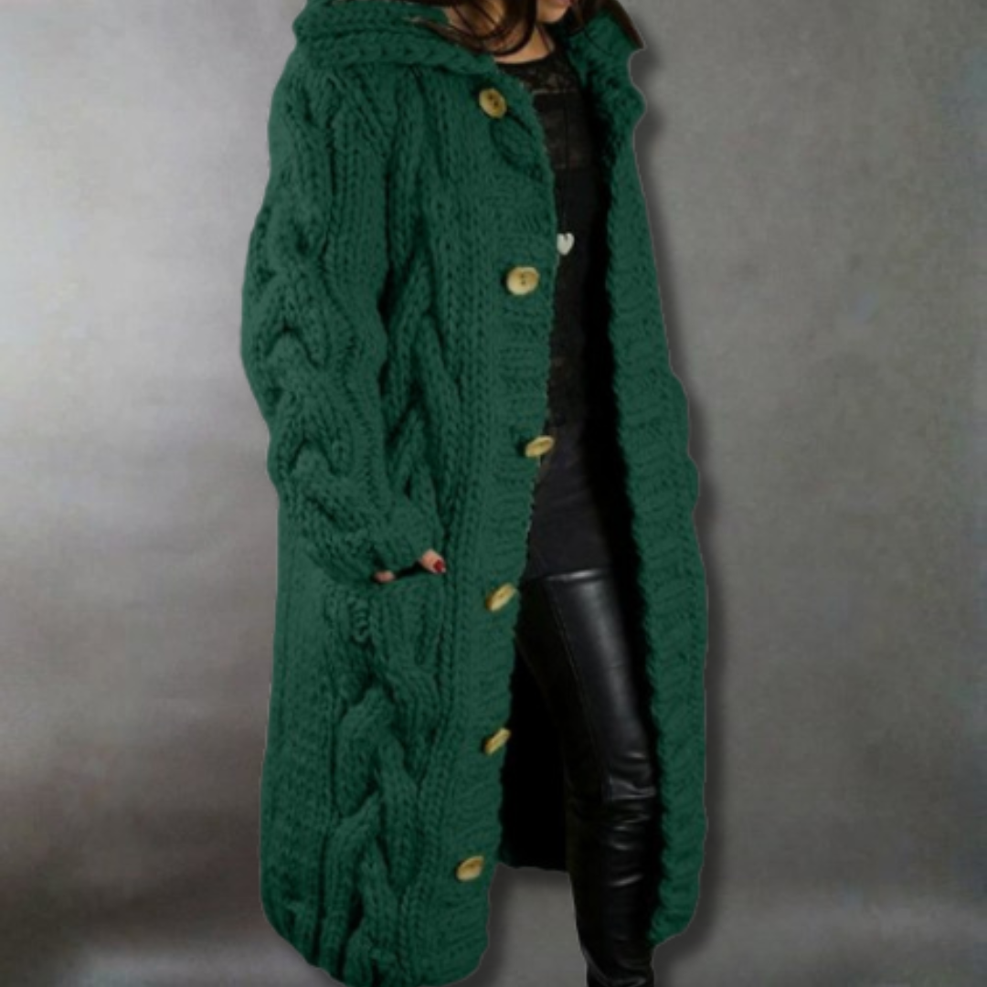 Women's Hooded Cable Knit Longline Coat - Green