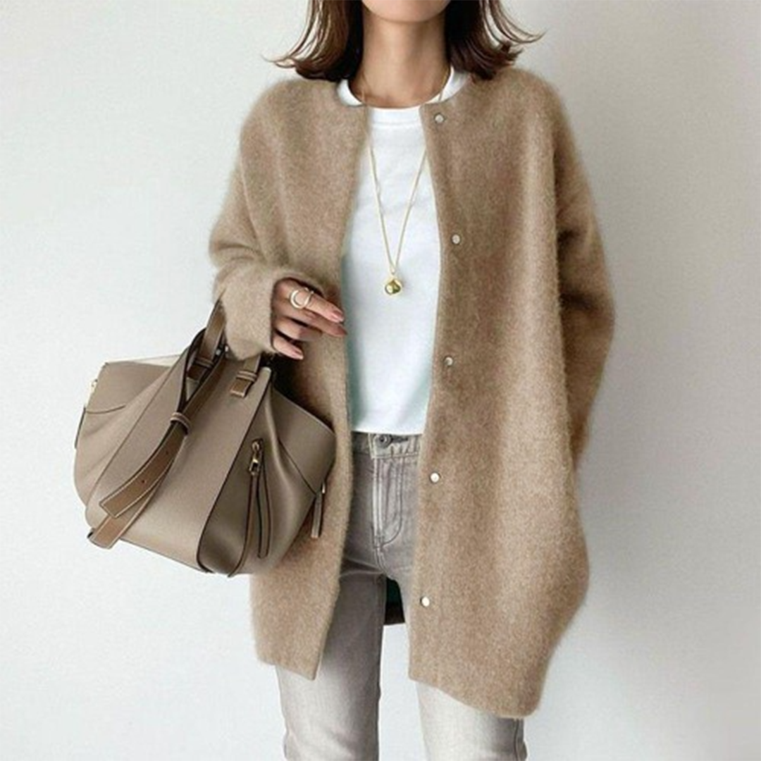 Women's fall knit cardigan jacket with side pockets in khaki
