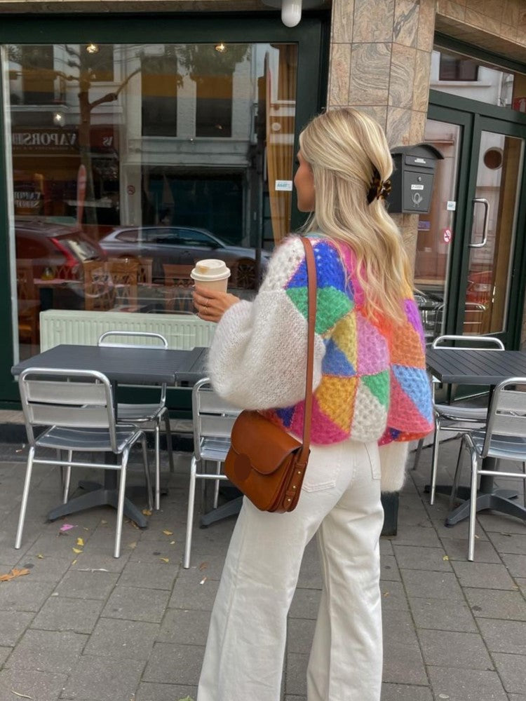 Women's Patchwork Knit Lantern Sleeve Sweater - Rainbow
