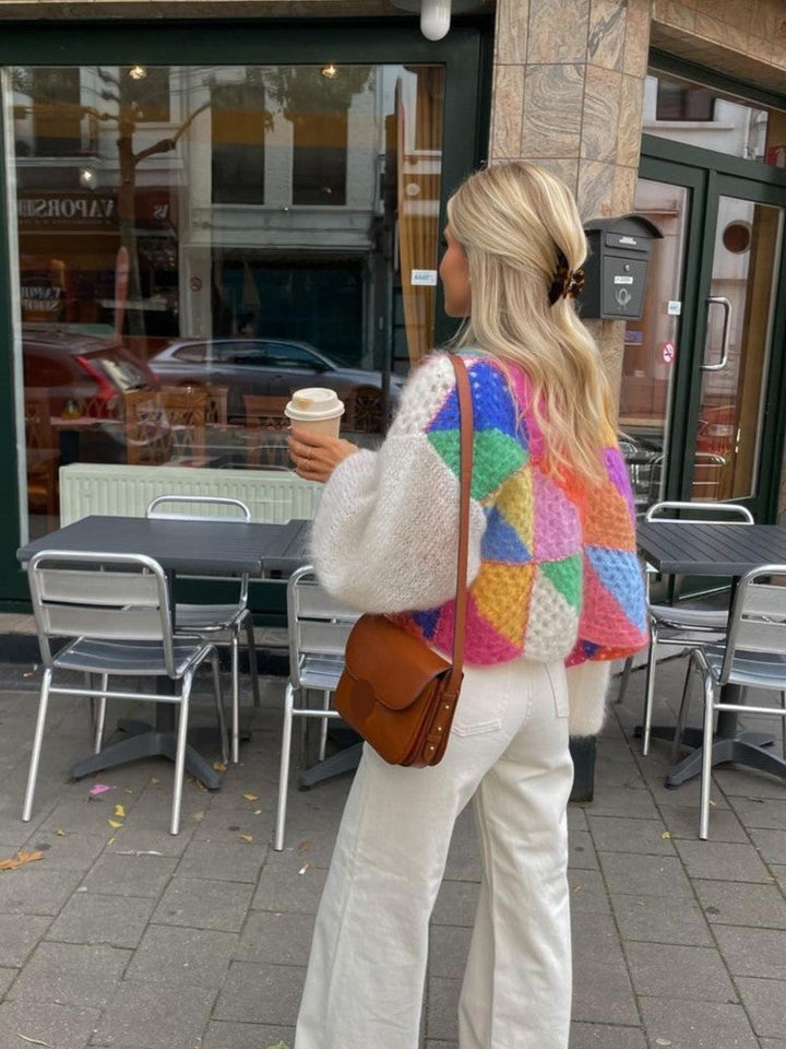 Women's Patchwork Knit Lantern Sleeve Sweater - Rainbow