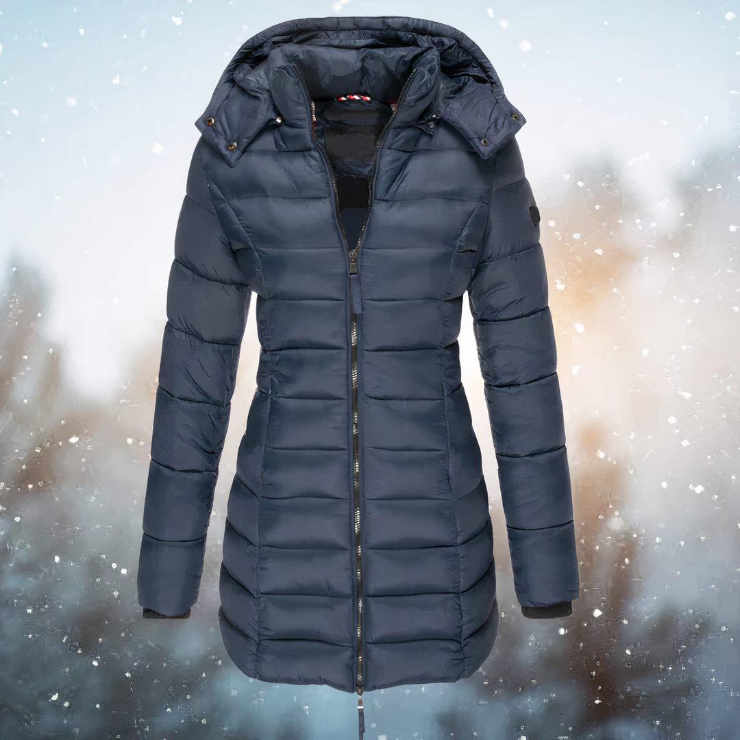 Navy fitted waist puffer coat for women