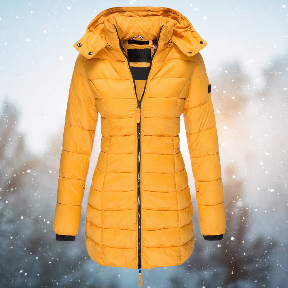Yellow fitted waist puffer coat for women