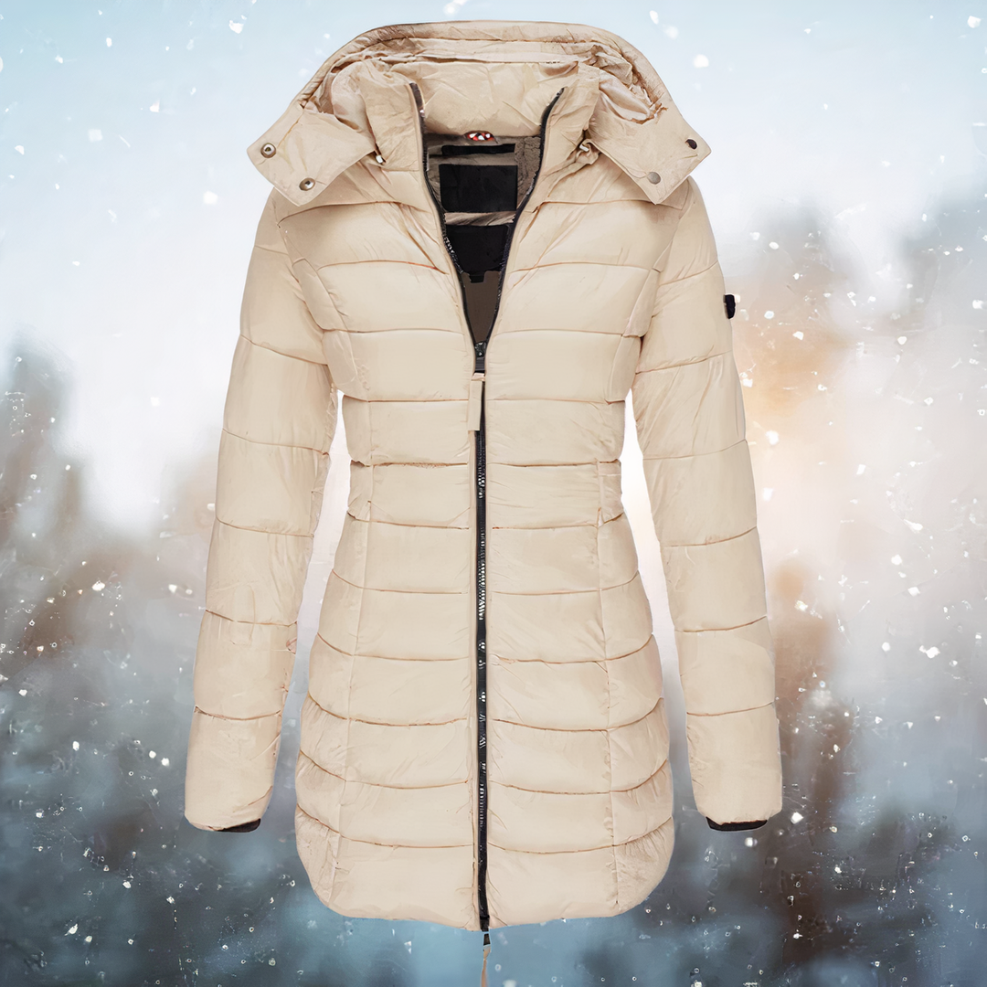 Khaki fitted waist puffer coat for women