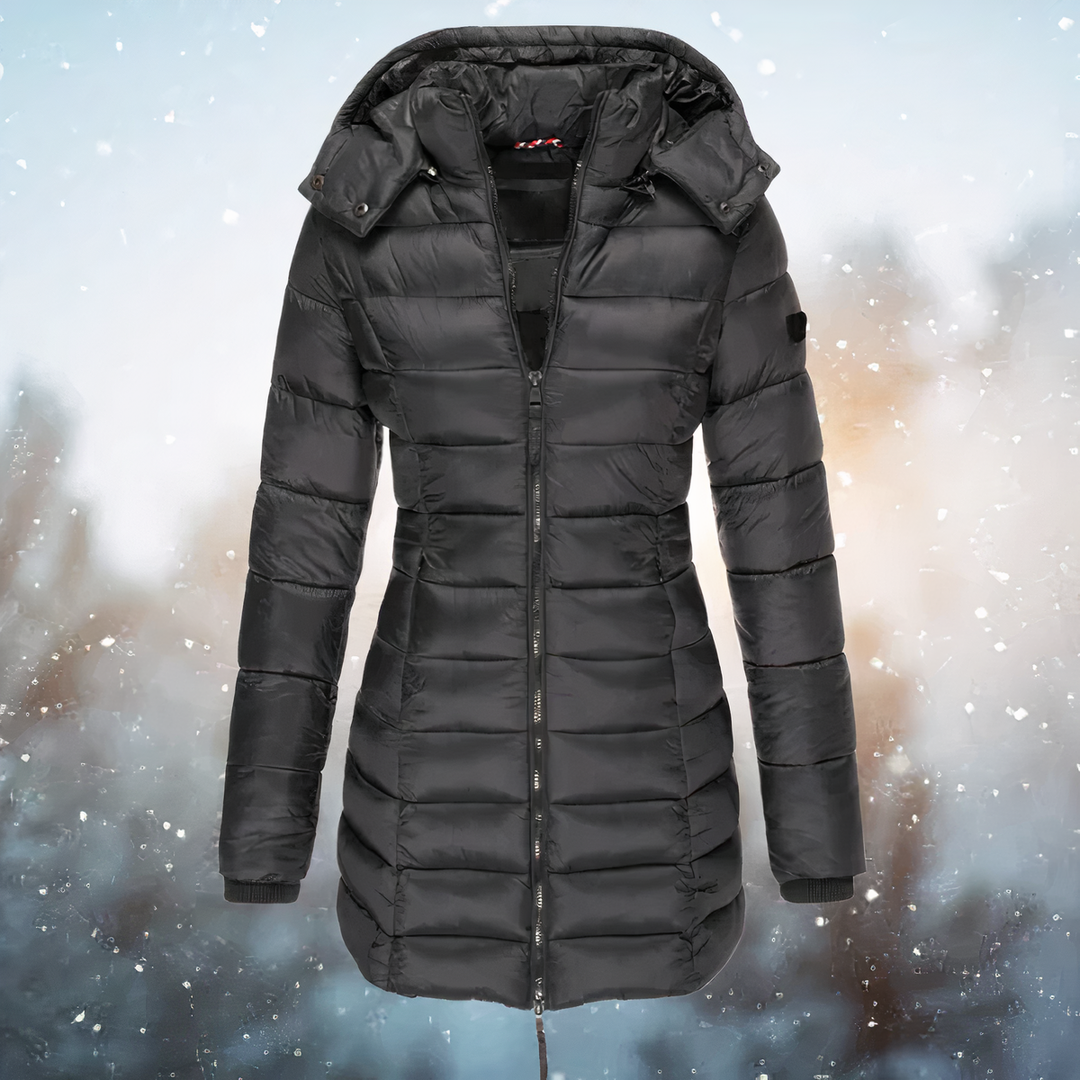 Black fitted waist puffer coat for women
