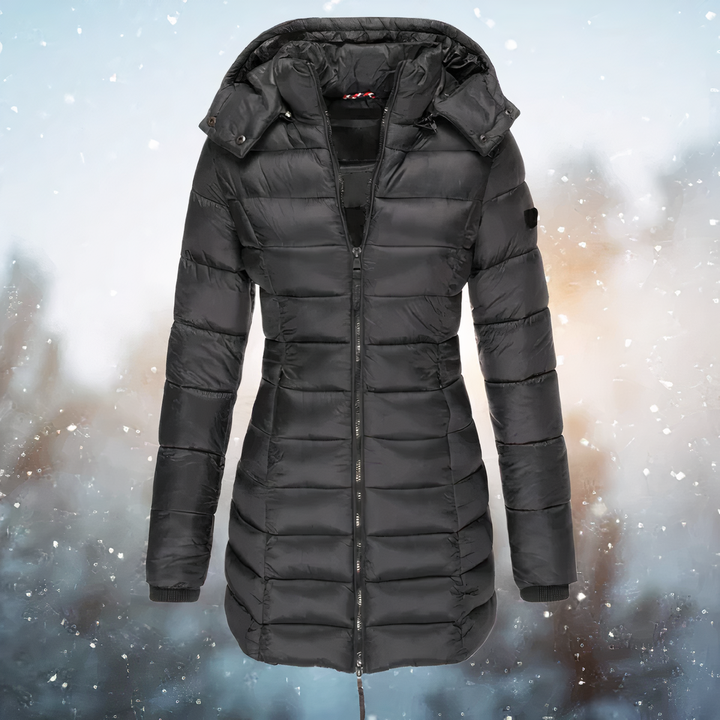Black fitted waist puffer coat for women