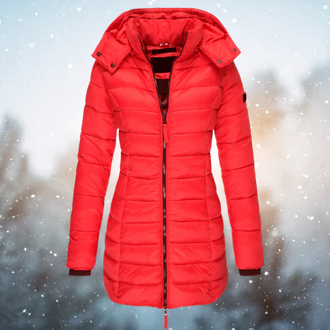 Red fitted waist puffer coat for women