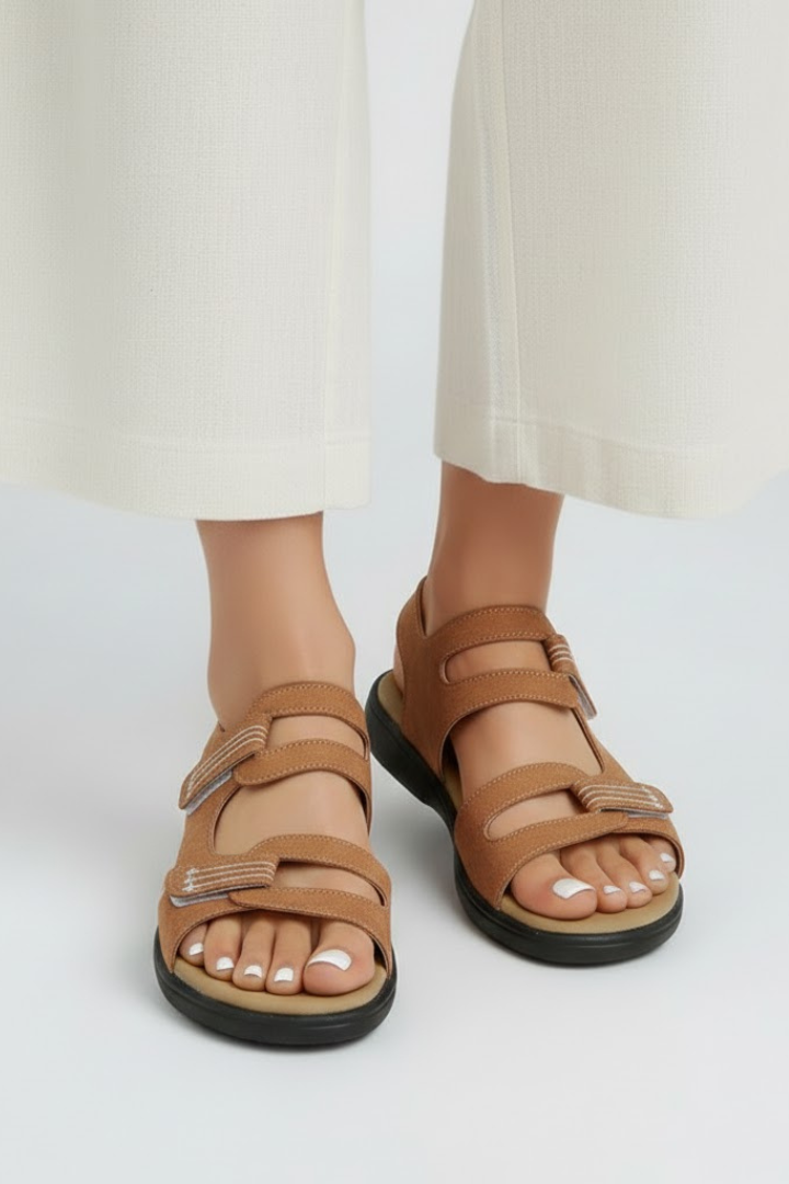 Brown multi-strap heeled sandals for women