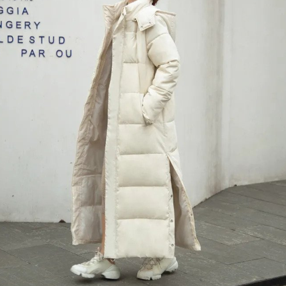 Beige long quilted coat for women