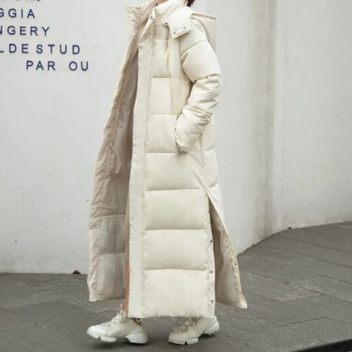 Beige long quilted coat for women