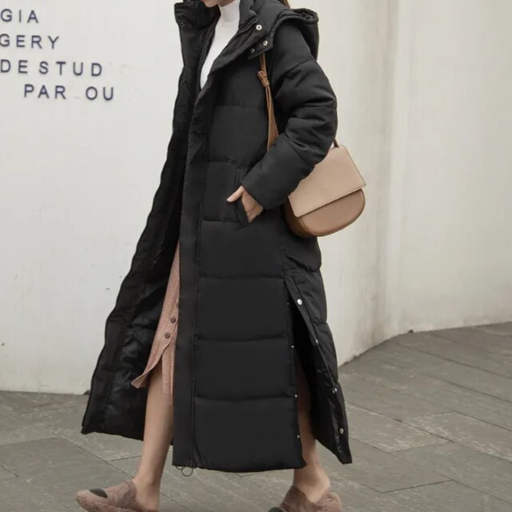 Black long quilted coat for women