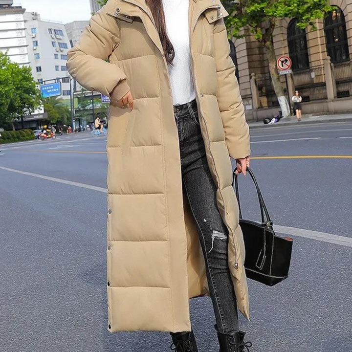 Khaki long quilted coat for women