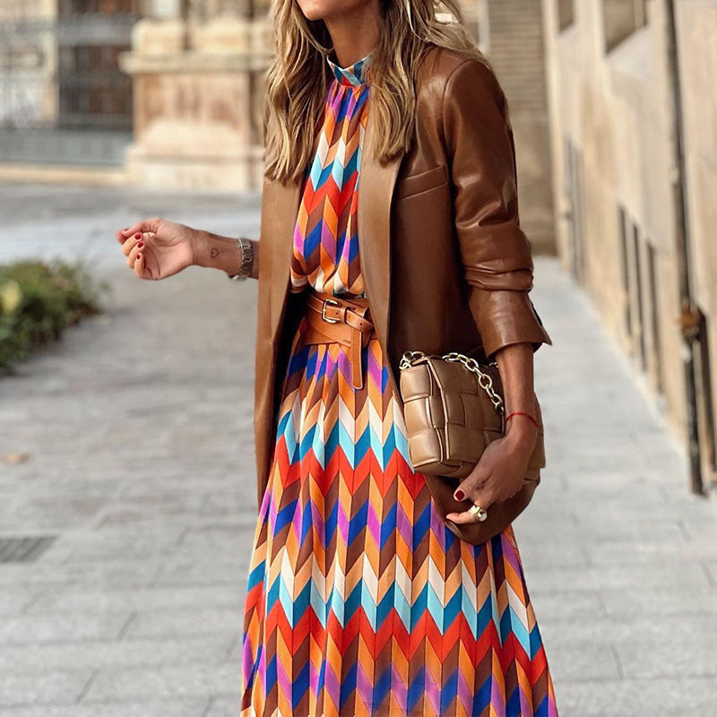 Geometric Print Balloon Sleeve Midi Dress - detail