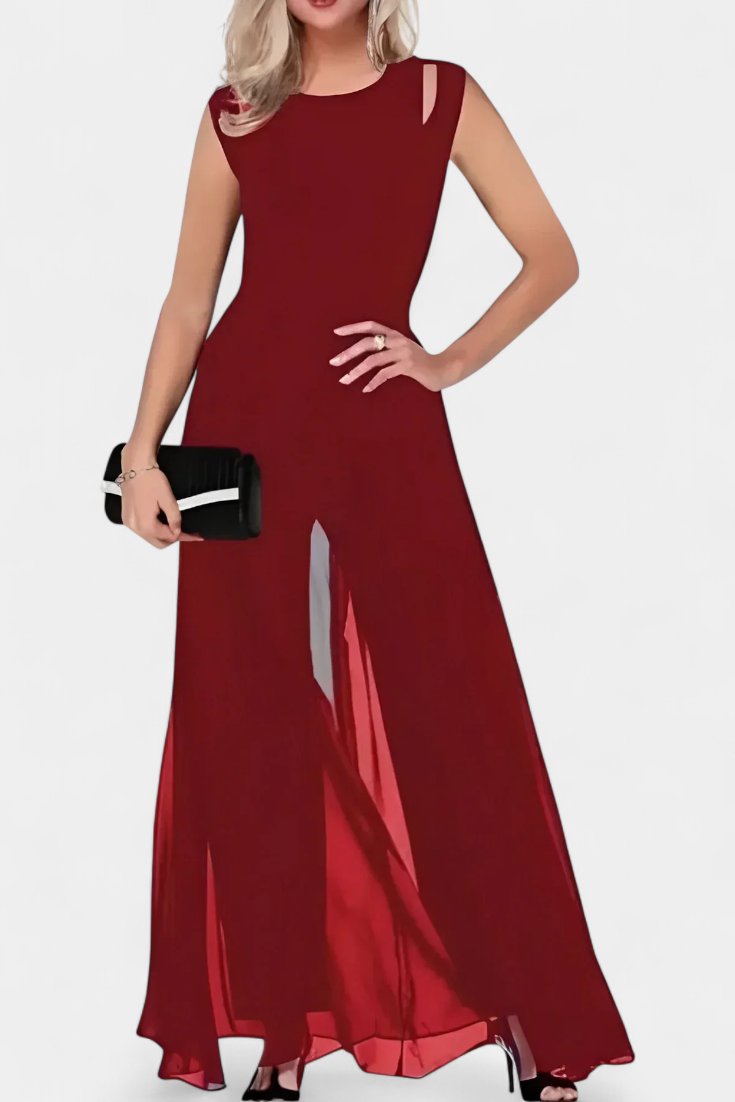 Women's chiffon overlay open shoulder wide leg jumpsuit in red
