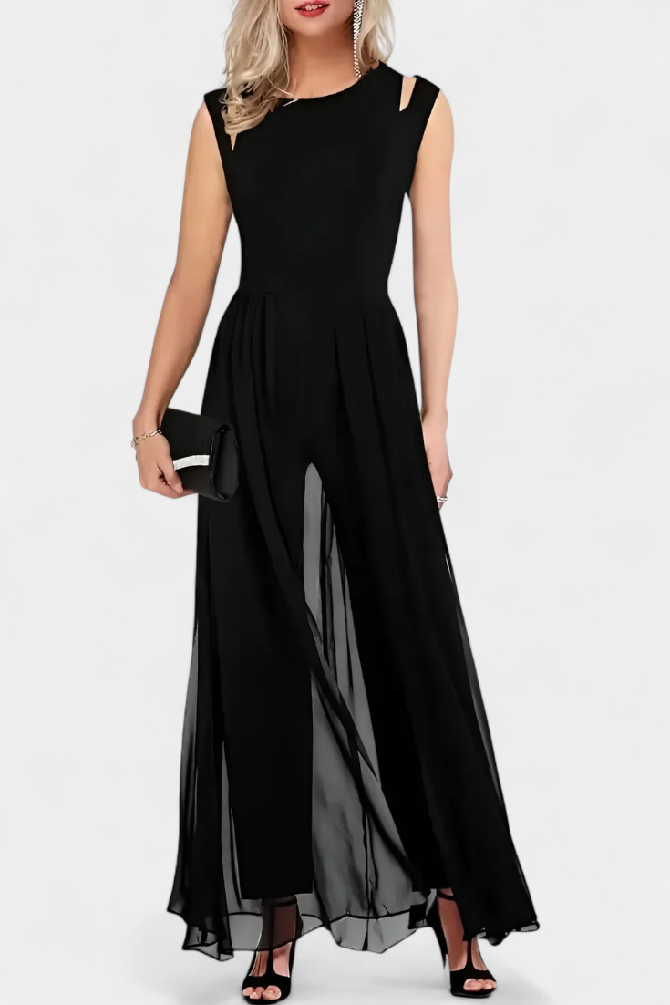 Women's chiffon overlay open shoulder wide leg jumpsuit in black