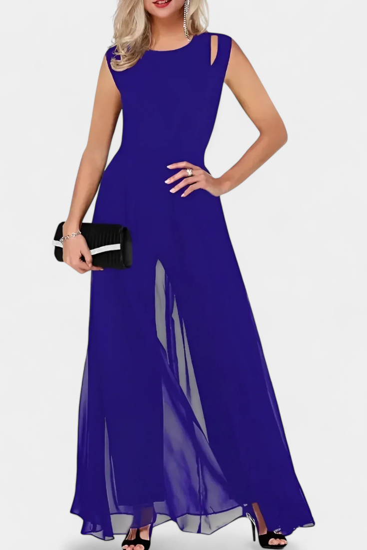 Women's chiffon overlay open shoulder wide leg jumpsuit in blue