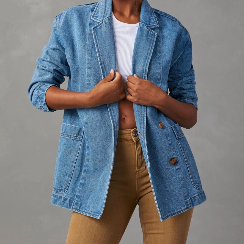 Longline denim blazer jacket - blue, front