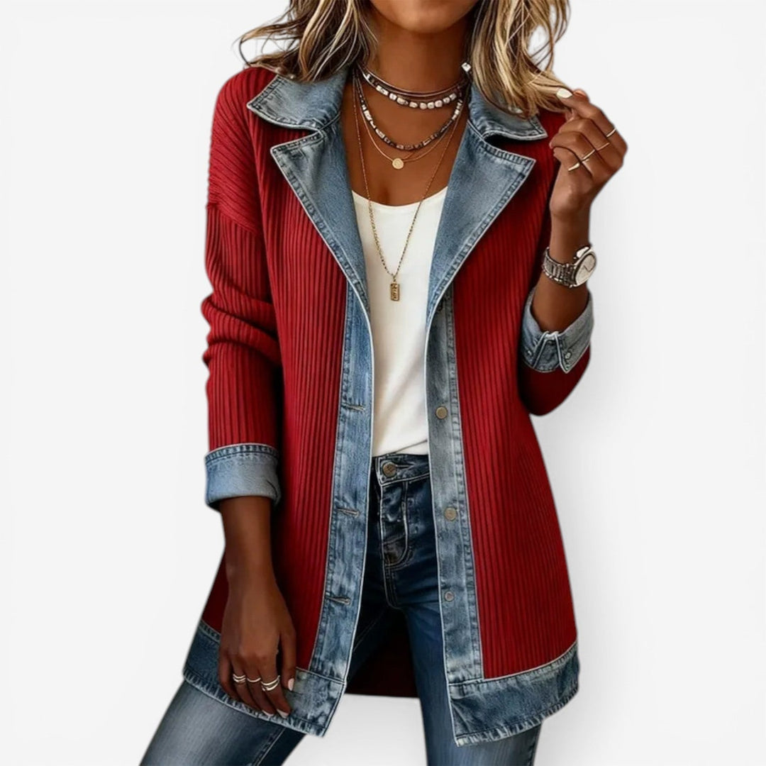 Colorblock Ribbed Denim Trim Jacket Red