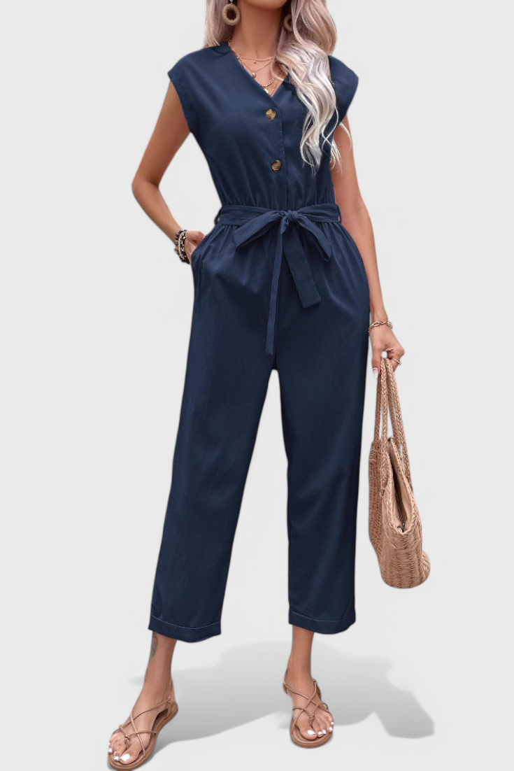 Women's sleeveless button front jumpsuit with tied waist in navy blue