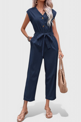 Women's Sleeveless Button Front Jumpsuit with Tied Waist