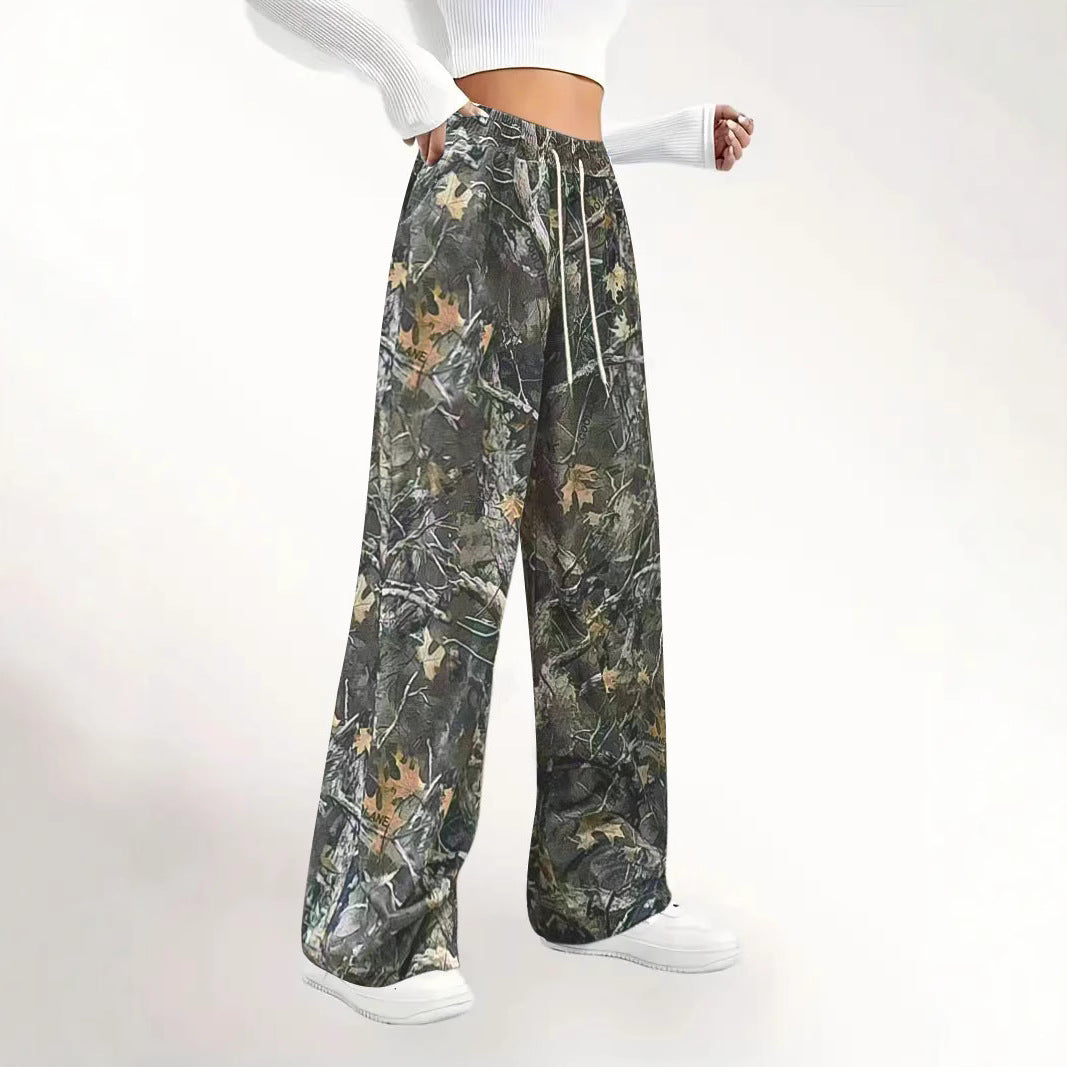 Women's green camouflage cargo pants side view