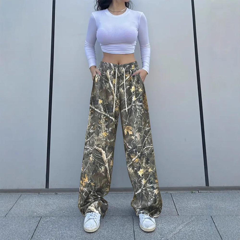 Women's green camouflage cargo pants front view