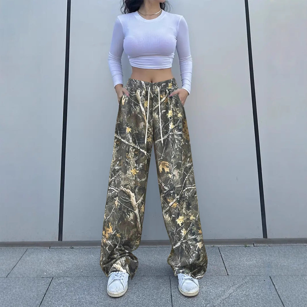 Women's green camouflage cargo pants front view