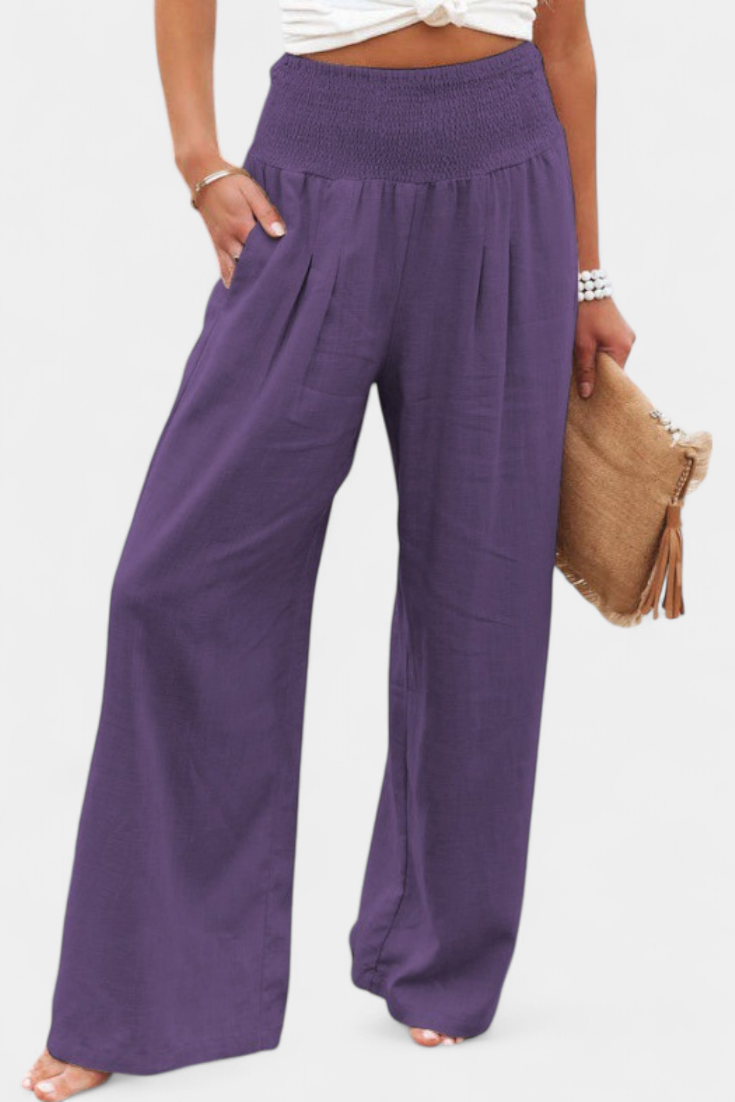Women's cotton linen straight trousers in purple
