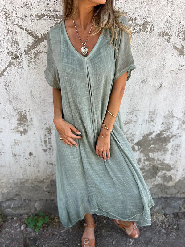 Loose V-Neck Summer Dress - Green