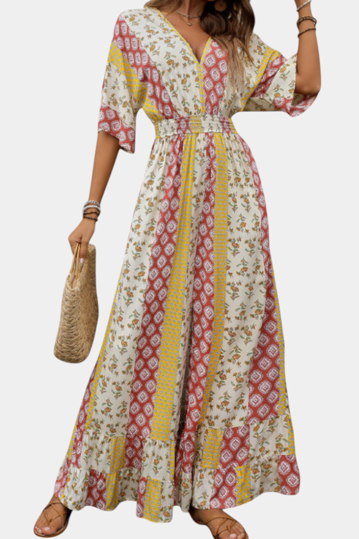 Women's bohemian print V-neck jumpsuit with flowing sleeves in multicolour
