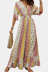 Women's Bohemian Print V-Neck Jumpsuit with Flowing Sleeves