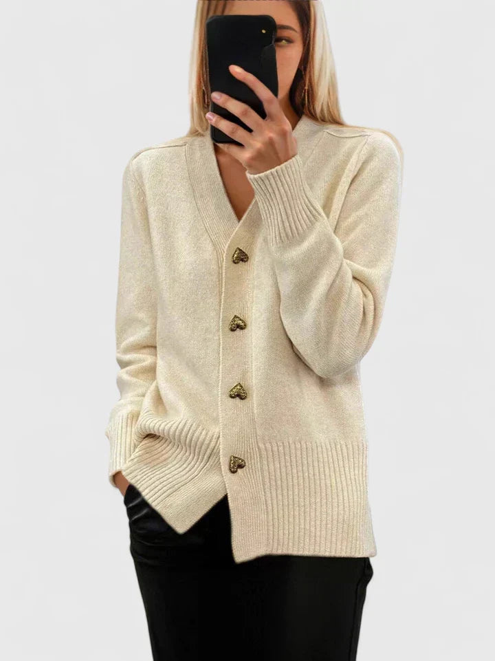 Women's heart button V-neck knit cardigan in cream