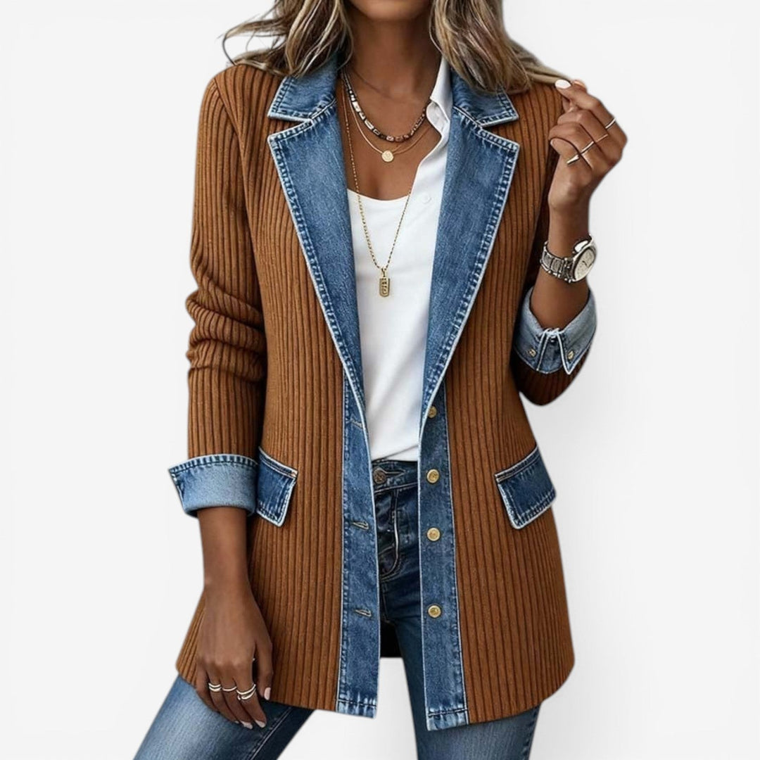 Colorblock Ribbed Denim Trim Jacket Khaki