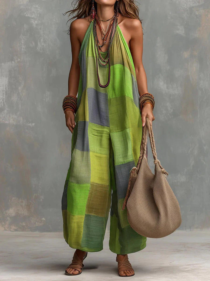 Women's bohemian patchwork print wide leg jumpsuit in green