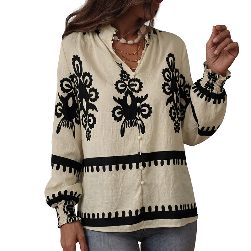 Women's apricot boho print blouse styling