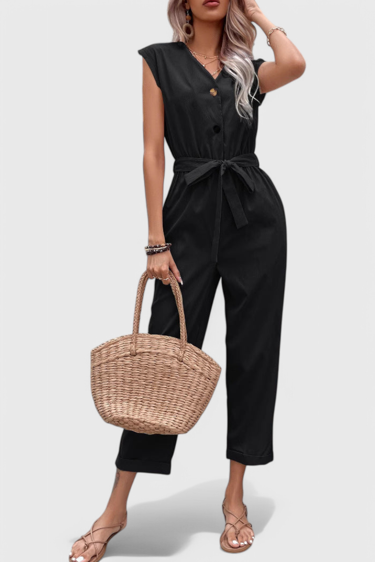 Women's sleeveless button front jumpsuit with tied waist in black