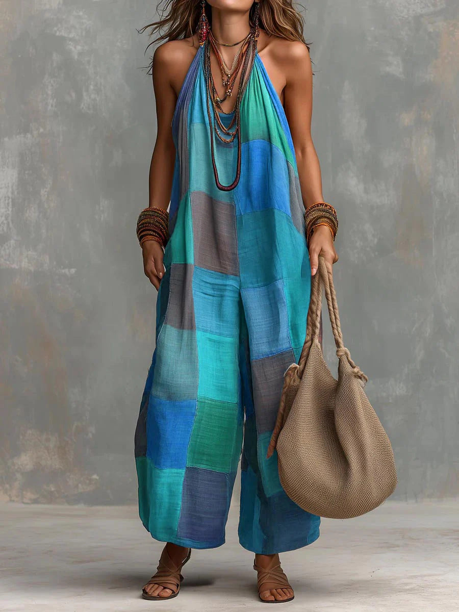 Women's bohemian patchwork print wide leg jumpsuit in blue