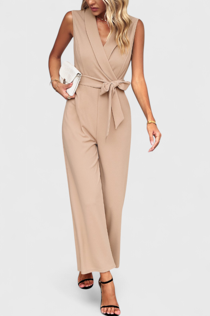 Women's cross back wide leg jumpsuit in beige
