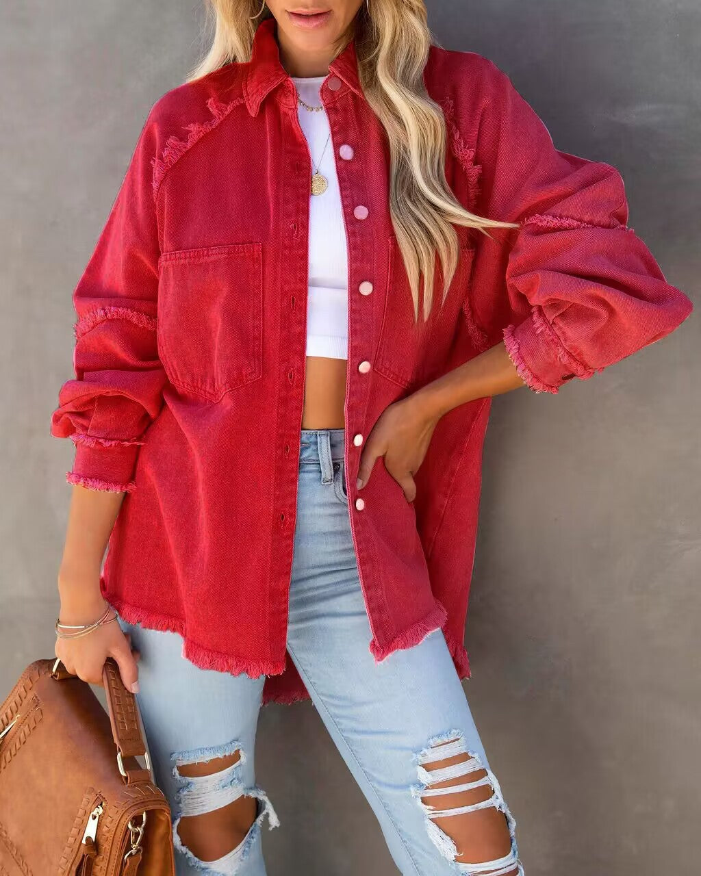 Oversized frayed denim shirt jacket in red