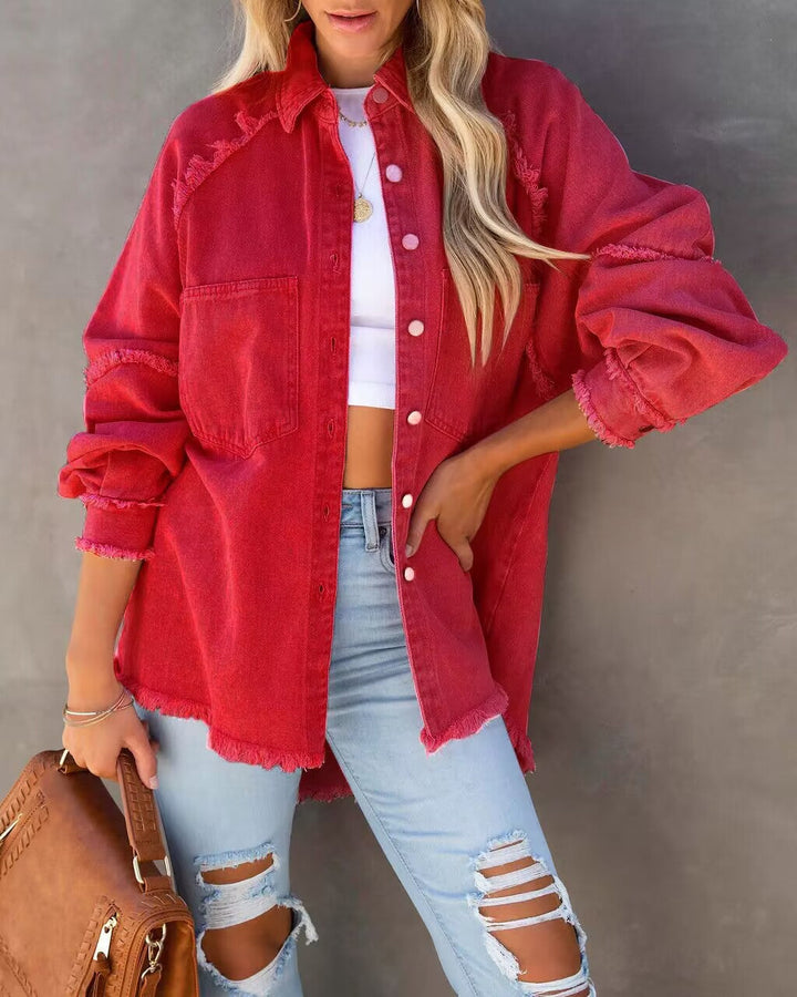 Oversized frayed denim shirt jacket in red