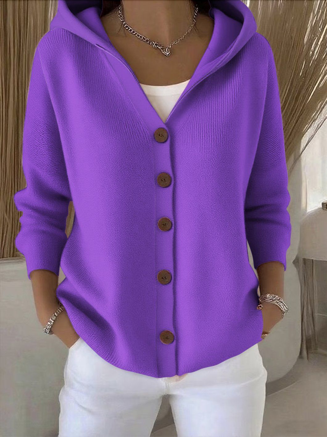 Women's hooded patchwork knit cardigan in plum