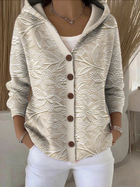 Women's hooded patchwork knit cardigan in cream