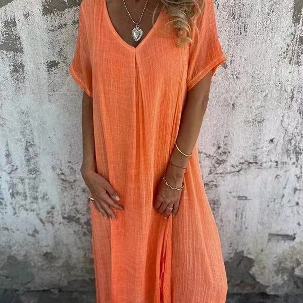 Loose V-Neck Summer Dress - Orange