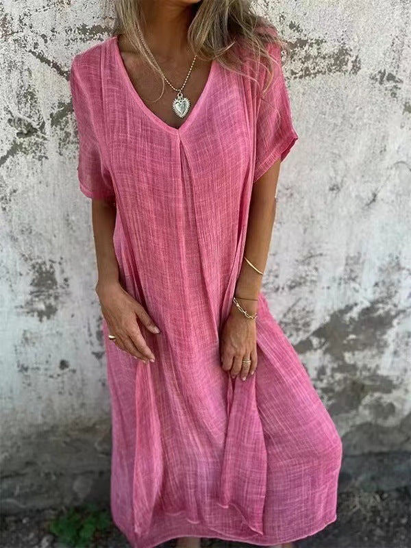 Loose V-Neck Summer Dress - Pink