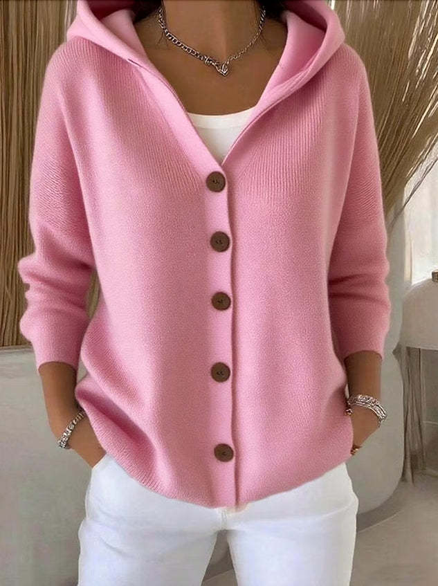 Women's hooded patchwork knit cardigan in pink